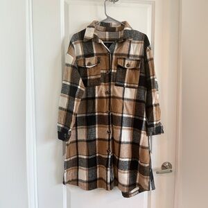 SHEIN Faux Wool Tan/Black Plaid Long Shacket L